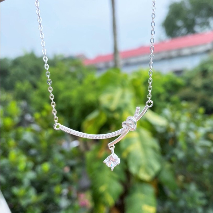 Dây chuyền bạc nữ mặt 2 thanh chéo găn đá thời trang, vòng cổ chất liệu chuẩn bạc ta nữ tính