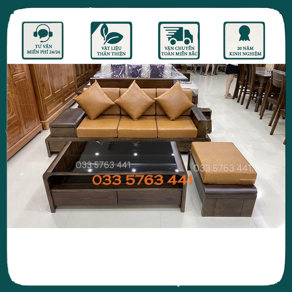 HÀNG CHÍNH HÃNG - ghế sofa gỗ sồi nga cao cấp ghế dài 2m4 kèm bàn trà và đôn ngồi