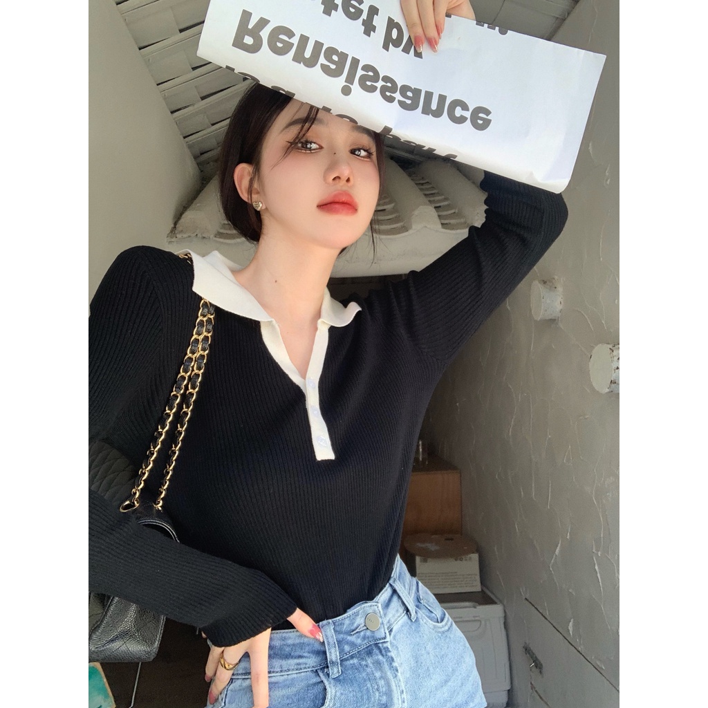 Áo Len Tay Dài Cổ Chữ V Màu Tương Phản Phong Cách Hàn Quốc Thời Trang