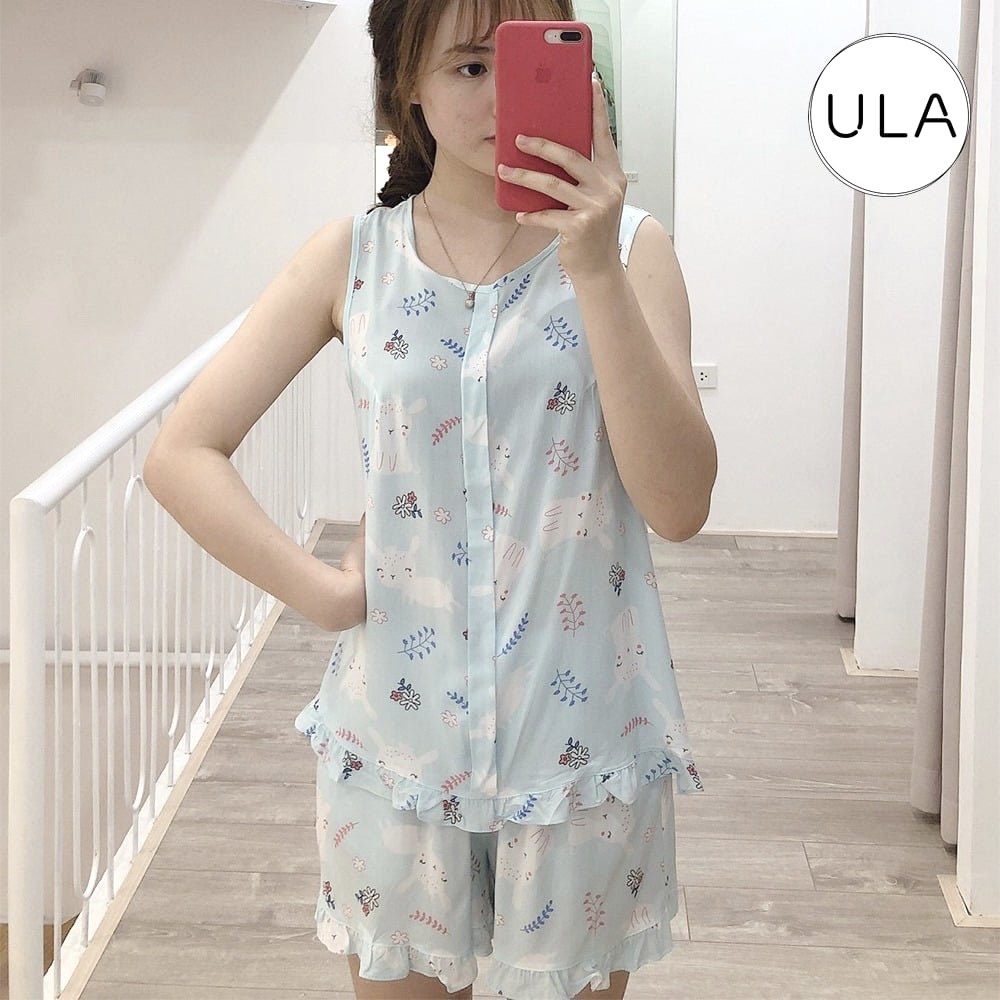 Bộ ngủ nữ sát nách cute nhiều màu sắc, chất liệu Lanh nhẹ, thoáng mát