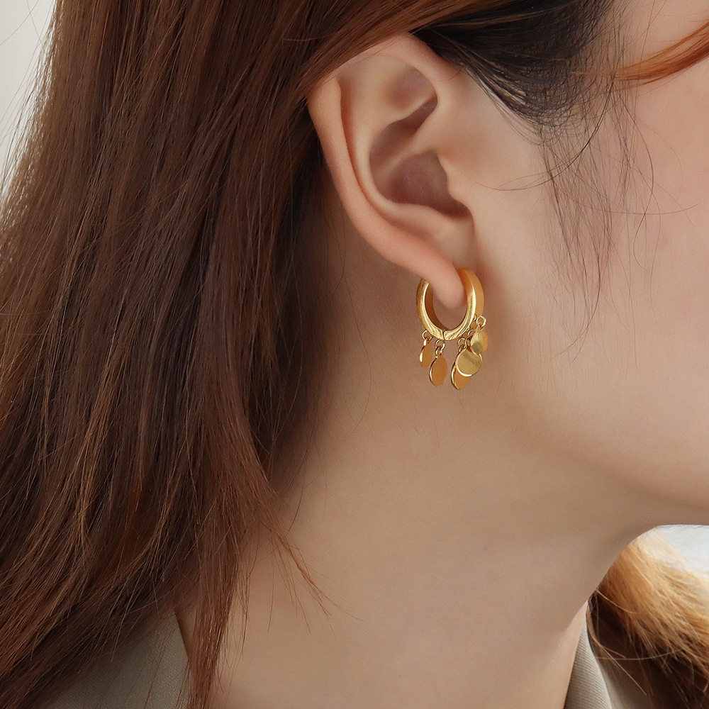 Bông tai thép titan mạ vàng 18K hình đĩa tròn đơn giản phong cách Hàn Quốc