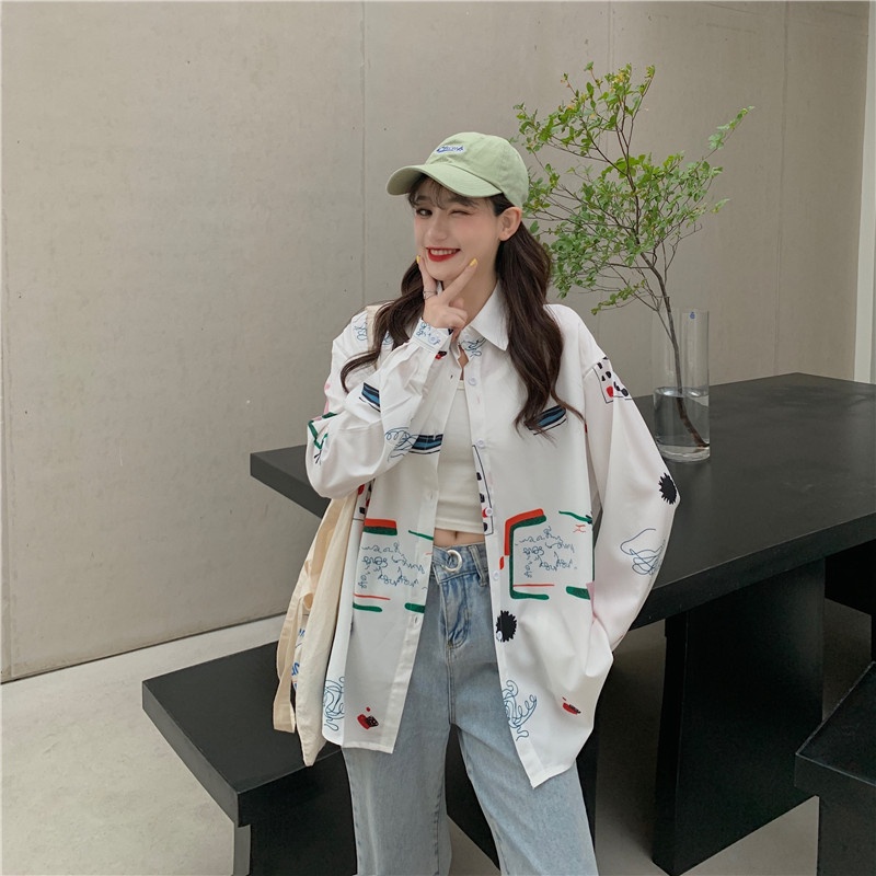 SUXI Áo sơ mi chiffon tay dài in hoa phong cách retro Hàn Quốc cho nữ