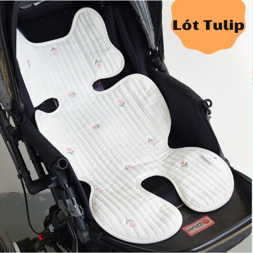 Miếng Lót Xe Đẩy Hoạ Tiết Gấu Thêu Chất Cotton Mềm Cho Bé
