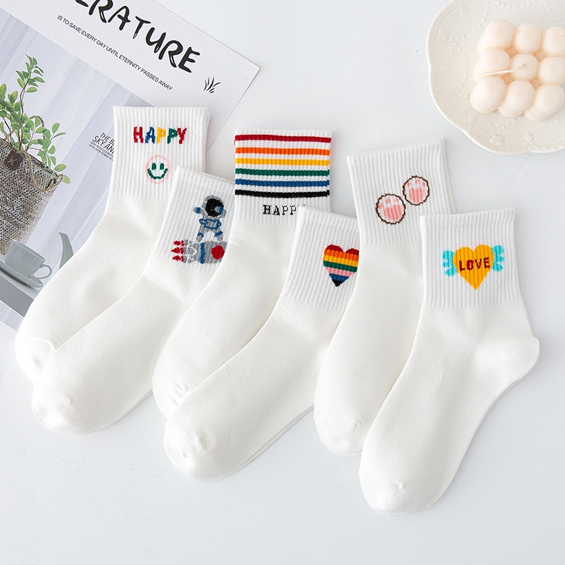 Tất vớ nữ cổ cao trắng nhiều hoạ tiết màu sắc phong cách Hàn Quốc dễ thương
