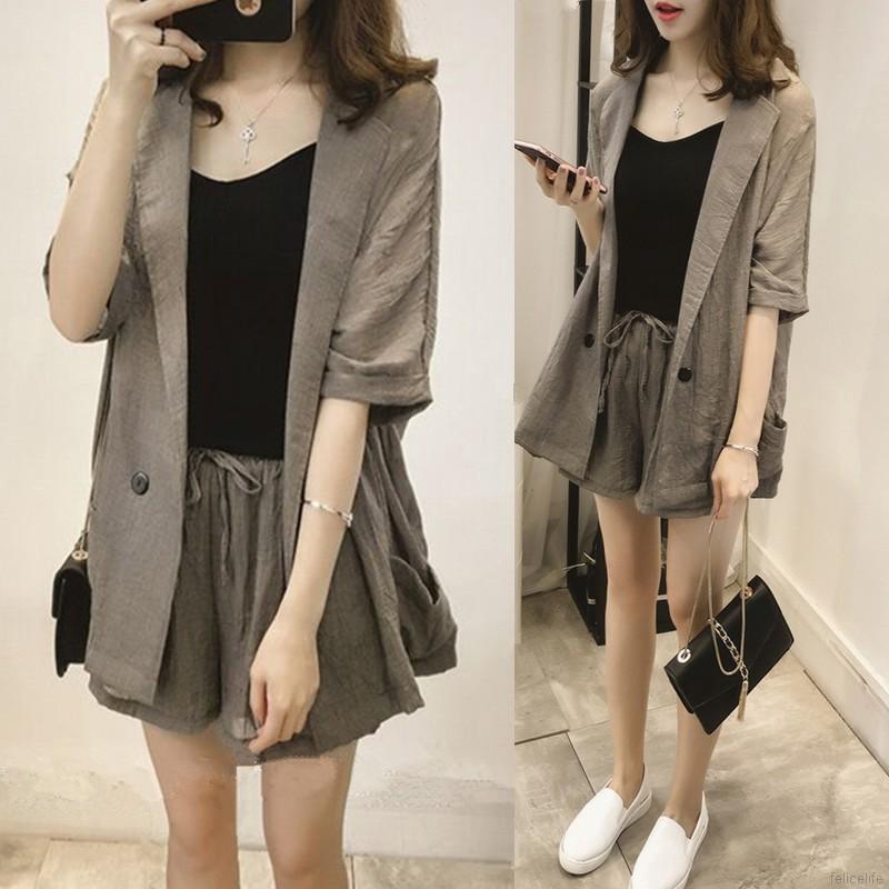 Set quần đùi và áo khoác bằng cotton lanh phong cách quyến rũ cho nữ