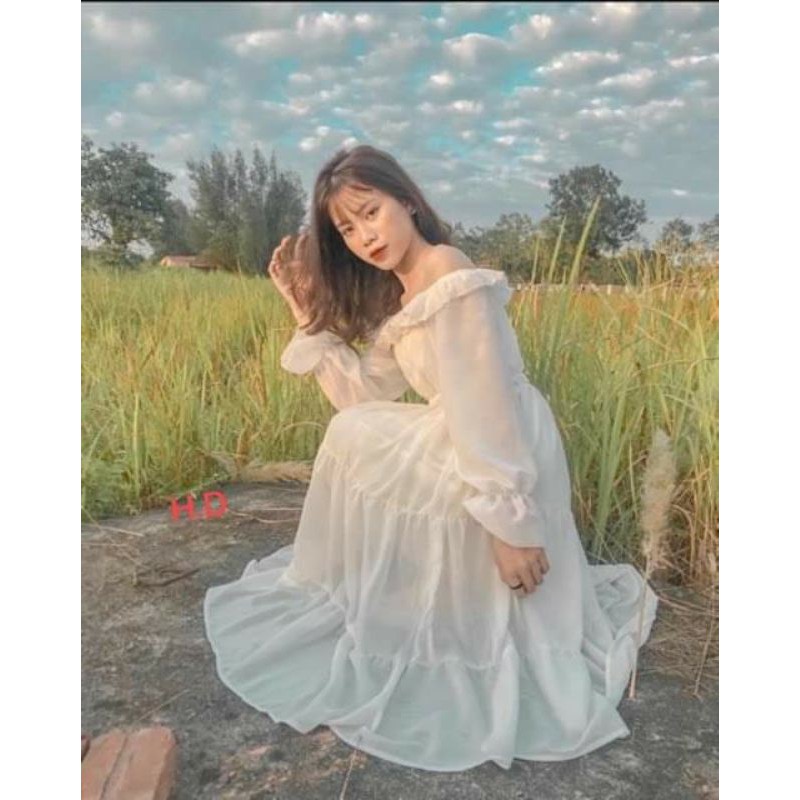 Váy trắng, đầm nữ, váy trễ vai tay bo diện tết chất thô mềm hàng 2 lớp có lót trong | BigBuy360 - bigbuy360.vn