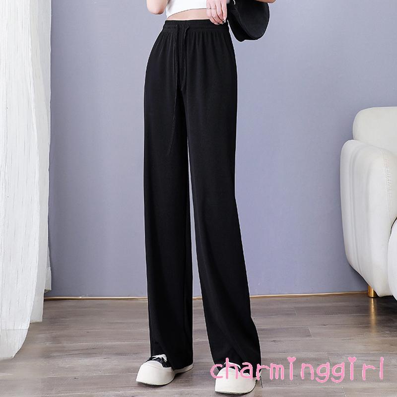 Quần Dài Lưng Cao Ống Rộng Màu Trơn Phối Dây Rút Thời Trang Cho Nữ