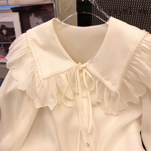 Áo Sơ Mi Chiffon Tay Loe Dài Cổ Búp Bê Phong Cách Hàn Quốc Thanh Lịch Dành Cho Nữ