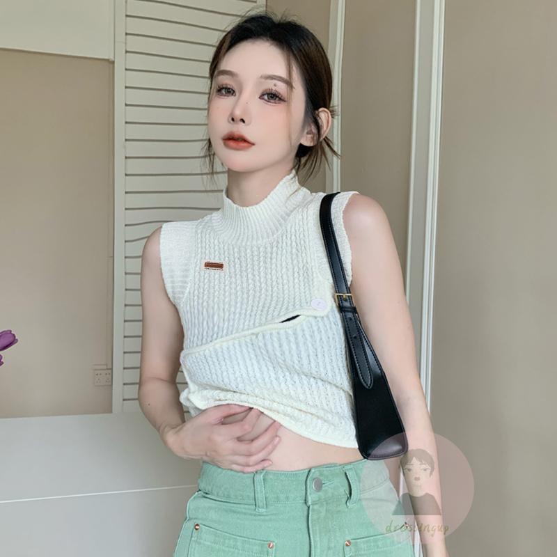 Áo Dệt Kim Sát Nách Màu Trơn Cổ Cao Thời Trang Mùa Hè Cho Nữ