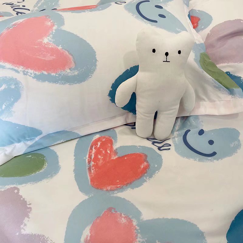 Bộ chăn ga gối cotton poly Lidaco decor phòng ngủ vintage - tim mặt cười (SP001468)