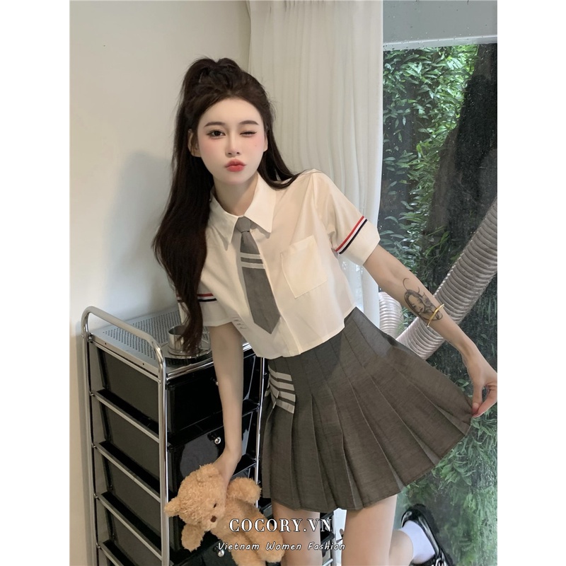 Set Áo Sơ Mi Ngắn Tay Form Rộng Và Chân Váy Chữ A Lưng Cao Thời Trang Dành Cho Nữ