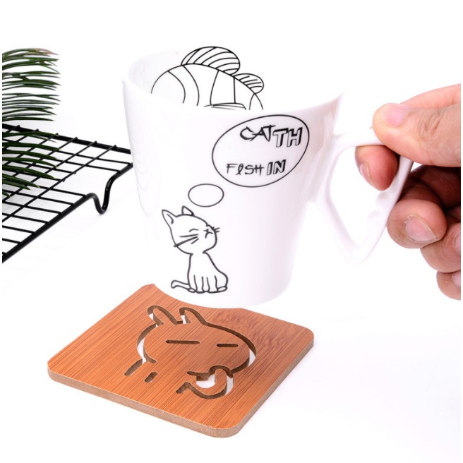 Lót nồi,ly bằng gỗ họa tiết đáng yêu (14.8cm x 14.8cm)- ( giá bán 1 cái)