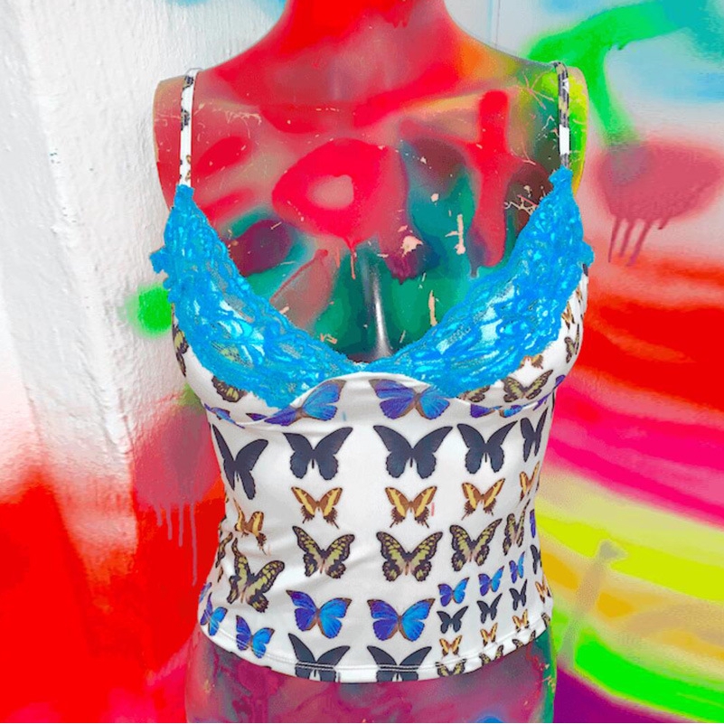 DUNEA Áo Hai Dây In Họa Tiết Bướm Xinh Xắn Dành Cho Nữ