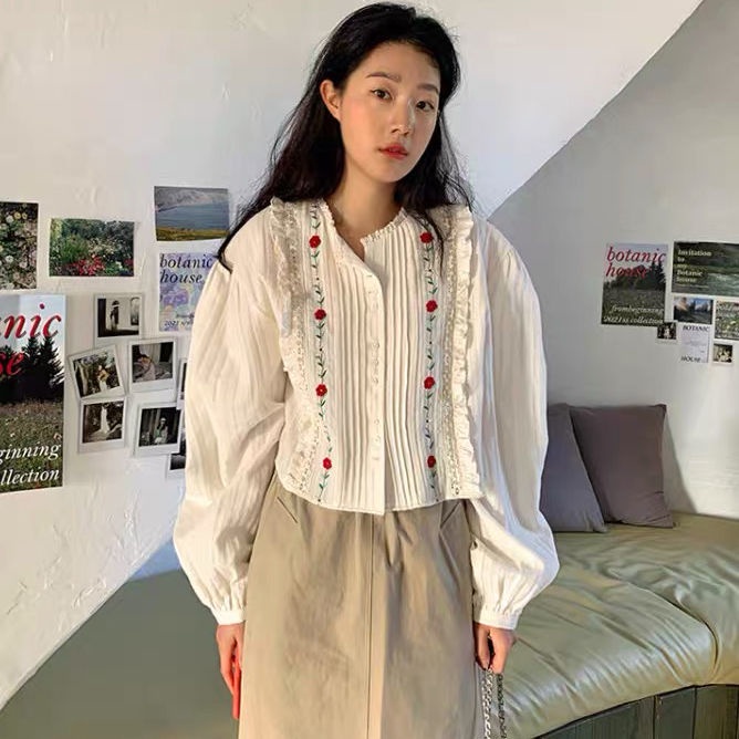 Áo Sơ Mi Tay Dài Thêu Hoa Xếp Ly Kiểu Pháp Xinh Xắn Cho Nữ