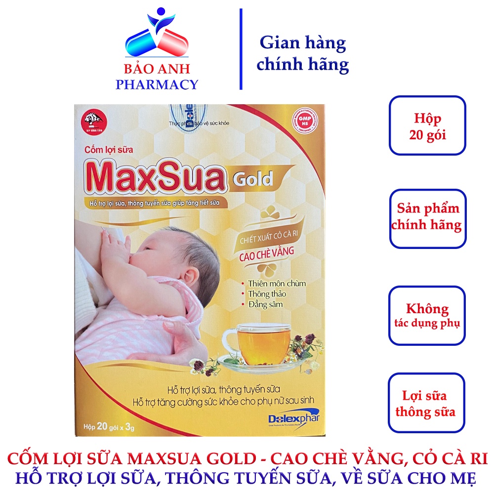 Cốm lợi sữa MAXSUA GOLD – Hỗ trợ lợi sữa, thông tuyến sữa giúp tăng tiết sữa – Cao chè vằng, Cỏ cà ri – Hộp 20 gói