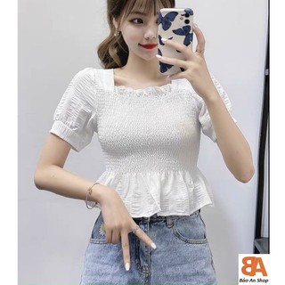Áo kiểu nhún cổ vuông Free Size 40-50kg dành cho nữ dễ thương cá tính