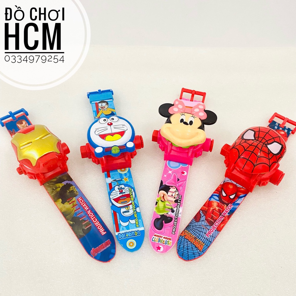 [NHIỀU MẪU] Đồ chơi trẻ em đồng hồ đeo tay chiếu hình ảnh lên tường 3D Spider man, Hello Kitty, Doremon, Iron man BH289