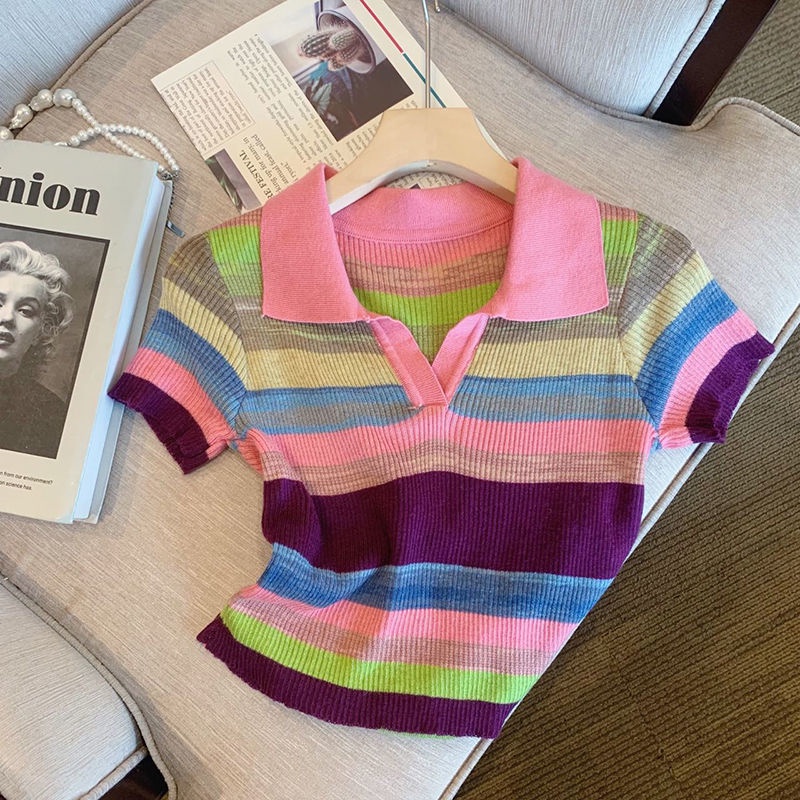 Áo polo Ngắn Tay Họa Tiết Kẻ Sọc Nhiều Màu Sắc Thời Trang Mùa Hè Mới Cho Nữ