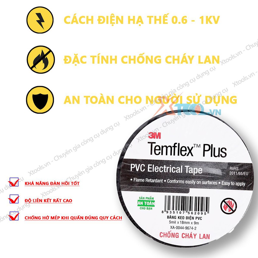 Băng keo điện chống cháy lan 3M 1505 0.09mmX19mmX18m, băng dính cách điện hạ thế 600v chống hở mép kháng ăn mòn nước