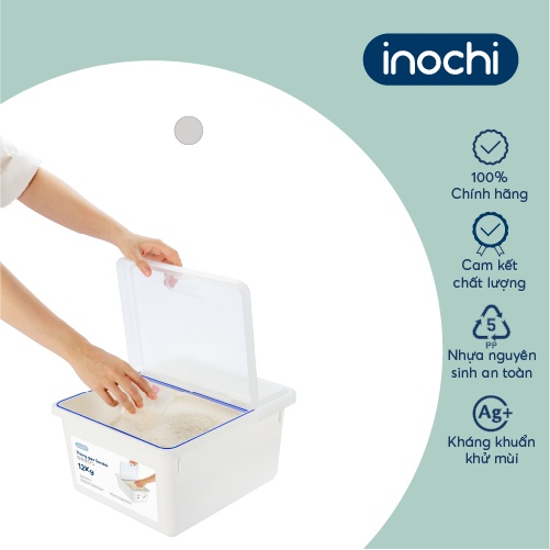 Thùng gạo Inochi - Sendai 12kg Thân Trắng ngọc + Nắp Trong suốt + Gioăng Trắng trong