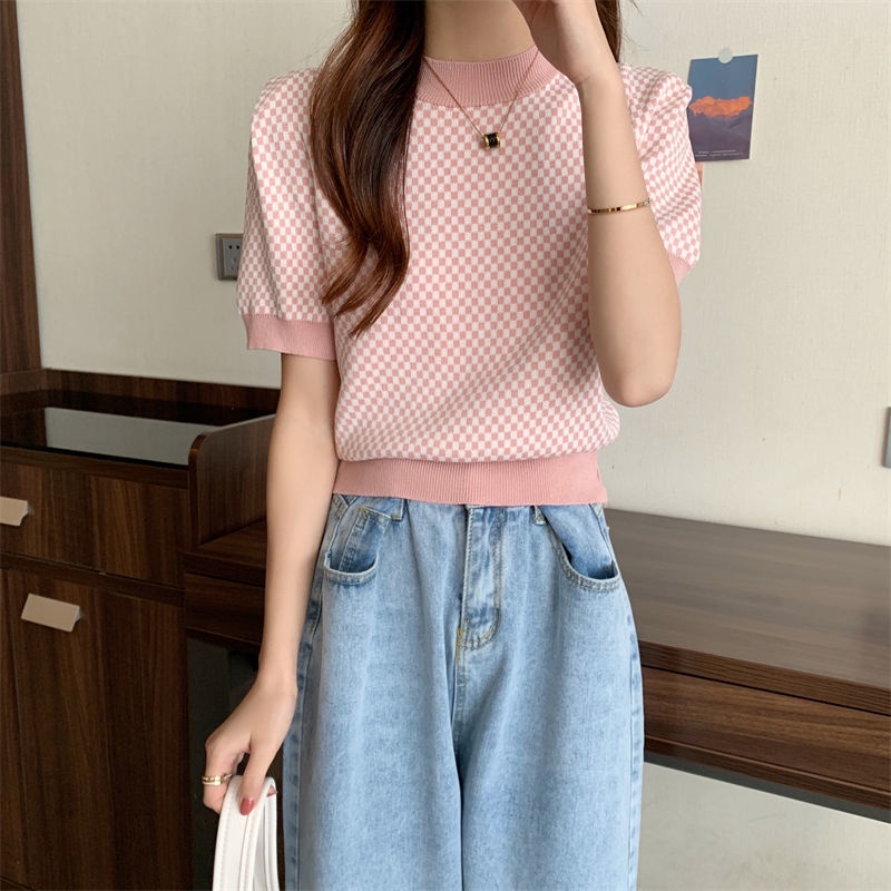 Áo dệt kim Pure Cube ngắn tay họa tiết kẻ sọc caro màu sắc tương phản thời trang mùa hè cho nữ