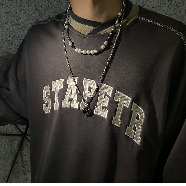 Áo nỉ sweater cổ tròn dáng rộng thêu chữ cá tính cho nam mùa xuân năm 2021