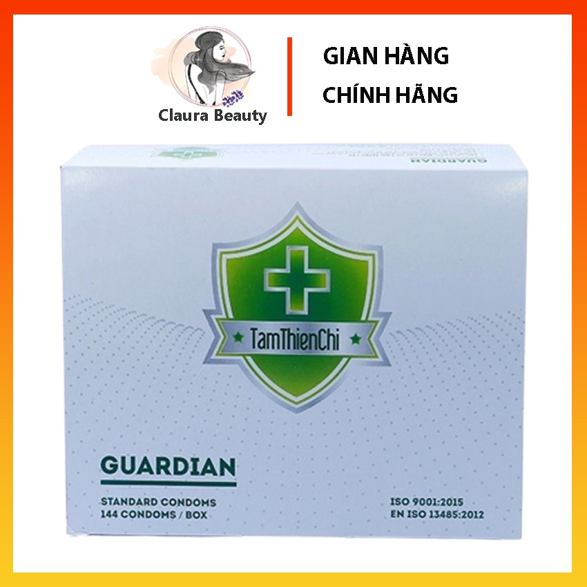 Bao cao su Tâm Thiện Chí Guardian mỏng trơn hộp 144 cái tặng 1 chai gel kháng khuẩn Emilar 50g Claura Beauty