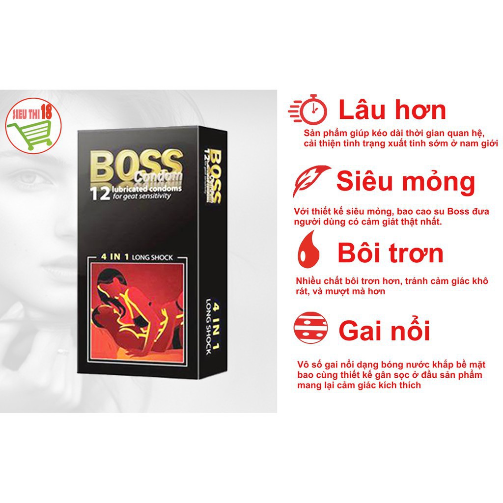 Bao cao su Boss 4 in 1, gân gai, siêu mỏng, kéo dài thời gian, hộp 12 cái 👌