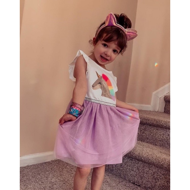 Đầm thun xuất xịn Tay Cánh tiên phối VOAN Đính KIM SA Ngựa Pony bé gái Cat & Jack 2-5T