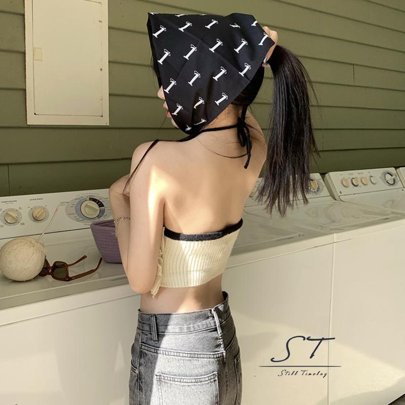 NFW-Ladies Slim Midriff-baring Tank Top, Women Leisure Style Contrast Color Hanging Neck Splicing Backless Sleeveless