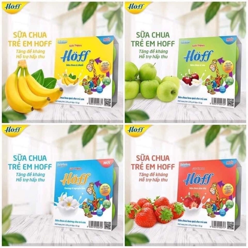 Sữa chua Hoff cho bé ăn dặm từ 6 tháng - tăng hấp thu -ổn định hệ tiêu hoá cho bé : vị Dâu , tự nhiên, táo, chuối .