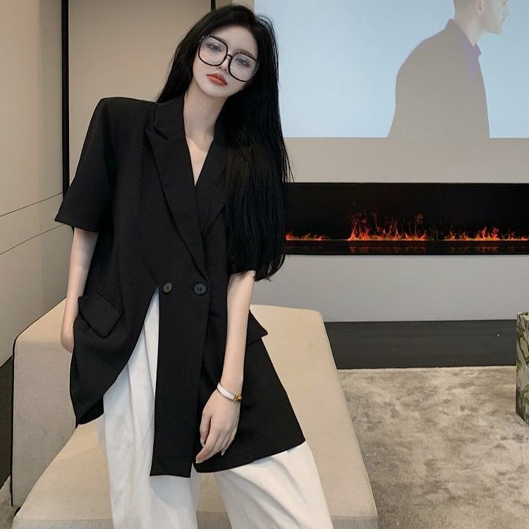 Design sense minority suit jacket women's thin loose temperament forked short suit blouse summer 2022 new style