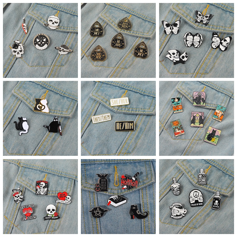 Bộ 5 Huy Hiệu Cài Áo Kim Loại Hình Bộ Xương / Bướm / Đầu Lâu Cá Tính