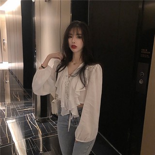 P140 Áo sơ mi nữ croptop dáng ngắn tua rua bánh bèo