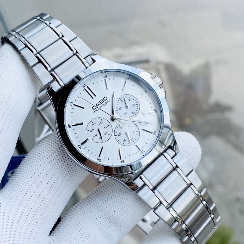 Đồng hồ Nam Casio MTP-V300D-7AUDF, đồng hồ chính hãng, dây bạc mặt trắng, 6 kim