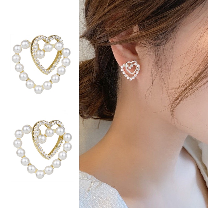 Bông tai mạ bạc 925 hình trái tim đôi đính kim cương ngọc trai giả kiểu Hàn Quốc F028