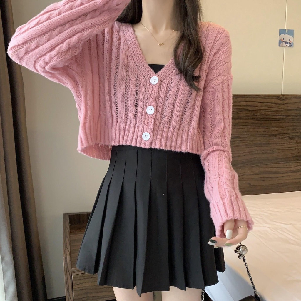 Áo Khoác Len Xoắn Cổ Tim Nút Tay Dài | Smide Clothing
