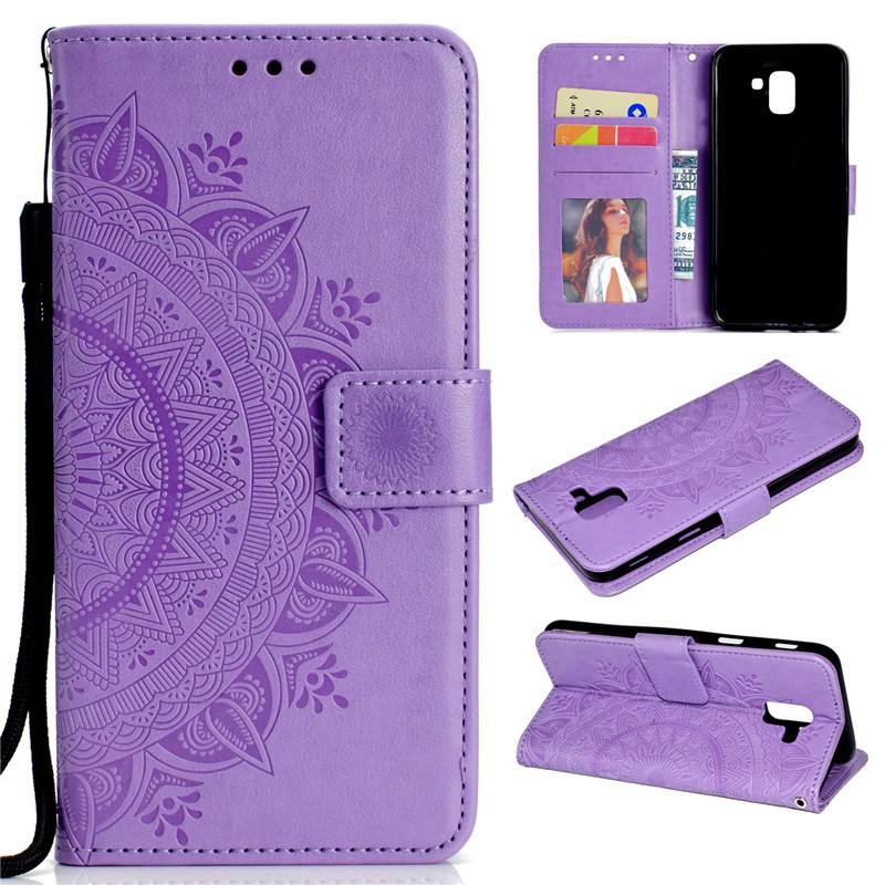 Bao da điện thoại nắp gập thiết kế ngăn đựng thẻ + dây đeo in dập nổi hoa văn cho Samsung Galaxy J6/6+ 2018 | BigBuy360 - bigbuy360.vn