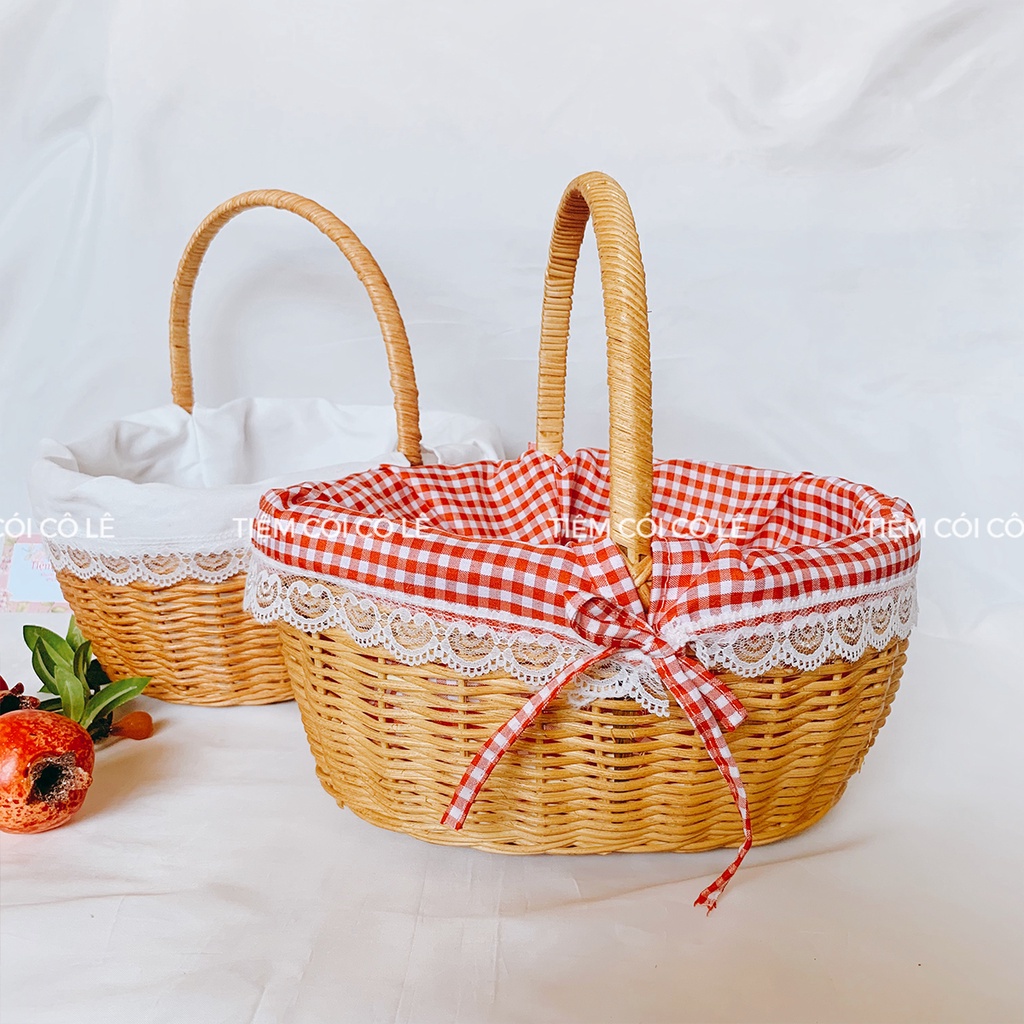 Giỏ mây lót vải caro dáng elip đi picnic dã ngoại chụp ảnh siêu xinh - Tiệm Cói Cô Lê