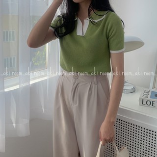 Áo len mỏng cộc tay cổ bẻ viền màu