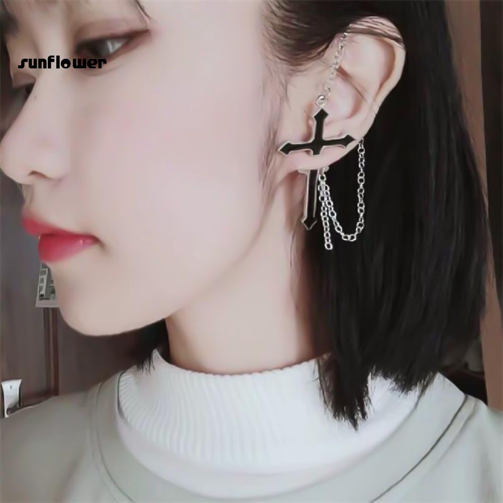1 Khuyên Tai Xỏ Sụn Dạng Mắc Xích Dài Hình Thánh Giá Phong Cách Punk Unisex