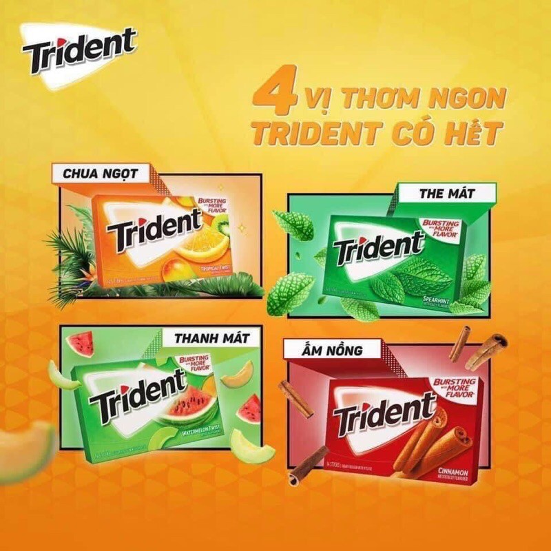 KẸO SINGUM TRIDENT MỸ KHÔNG ĐƯỜNG 14 TÉP/THANH