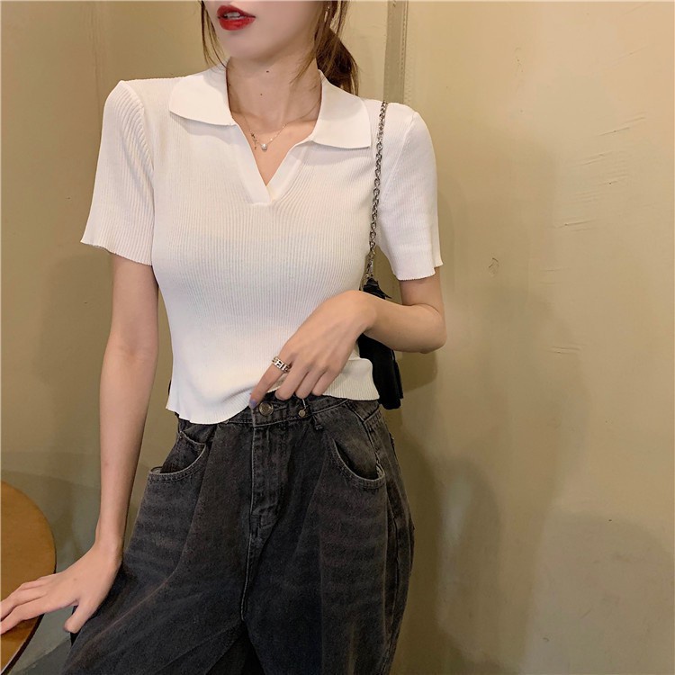 Áo Thun nữ tay ngắn MIN_LINDA , Áo Croptop có cổ polo chất liệu len tăm siêu mịn thoáng mát form ôm đẹp