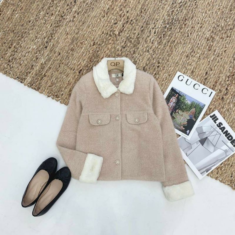 Áo khoác dạ lông thỏ tay, cổ lông phong cách ulzzang | BigBuy360 - bigbuy360.vn