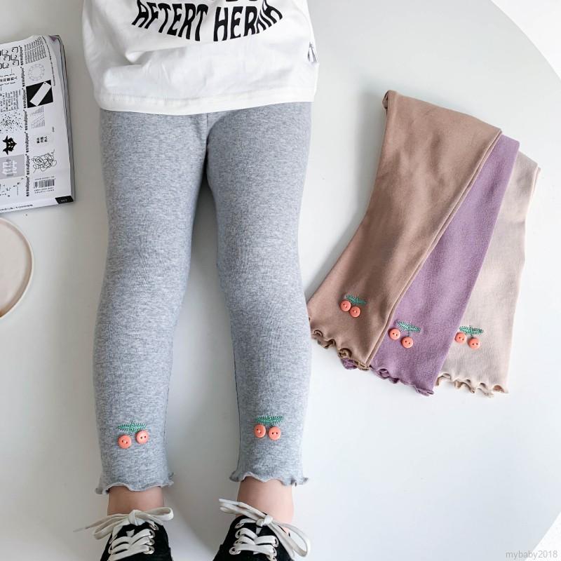 Quần leggings màu trơn in hình quả cherry phong cách Phương Tây xinh xắn cho bé gái