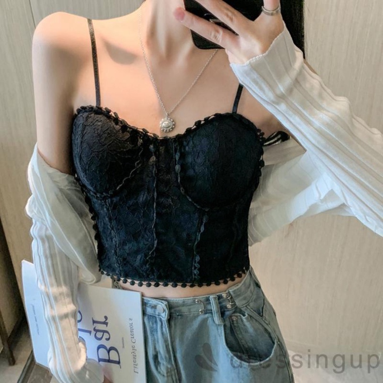 Áo Hai Dây Phối Ren Hoa Màu Trơn Có Đệm Ngực Tháo Rời Màu Đen/Trắng Thời Trang Mùa Hè Cho Nữ nội y xanh chất cực đẹp, sa