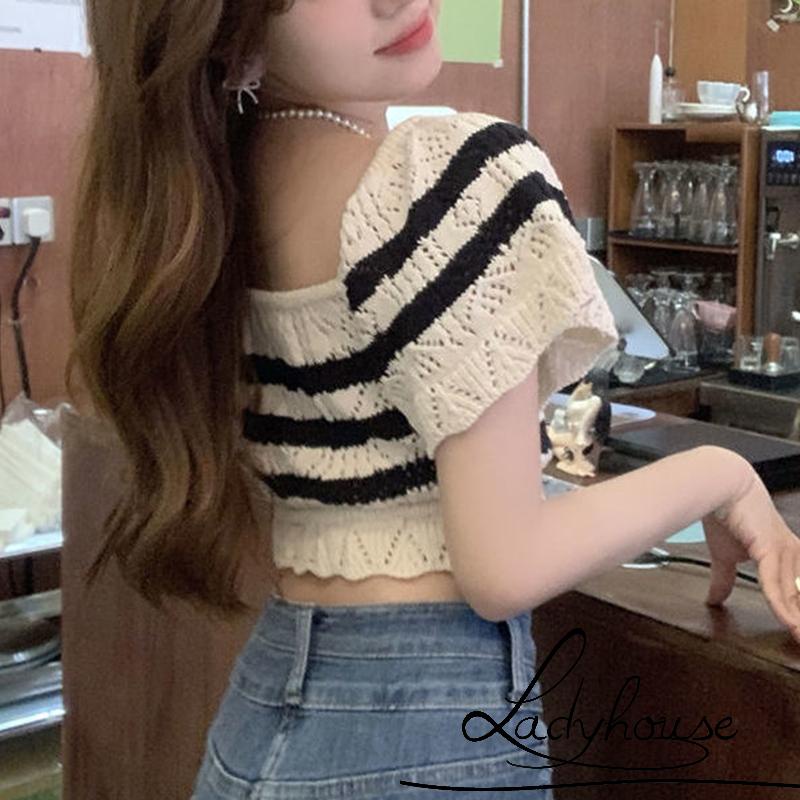 Áo Thun Dệt Kim Ngắn Tay Cổ Vuông Họa Tiết Kẻ Sọc Màu Đen Cho Nữ