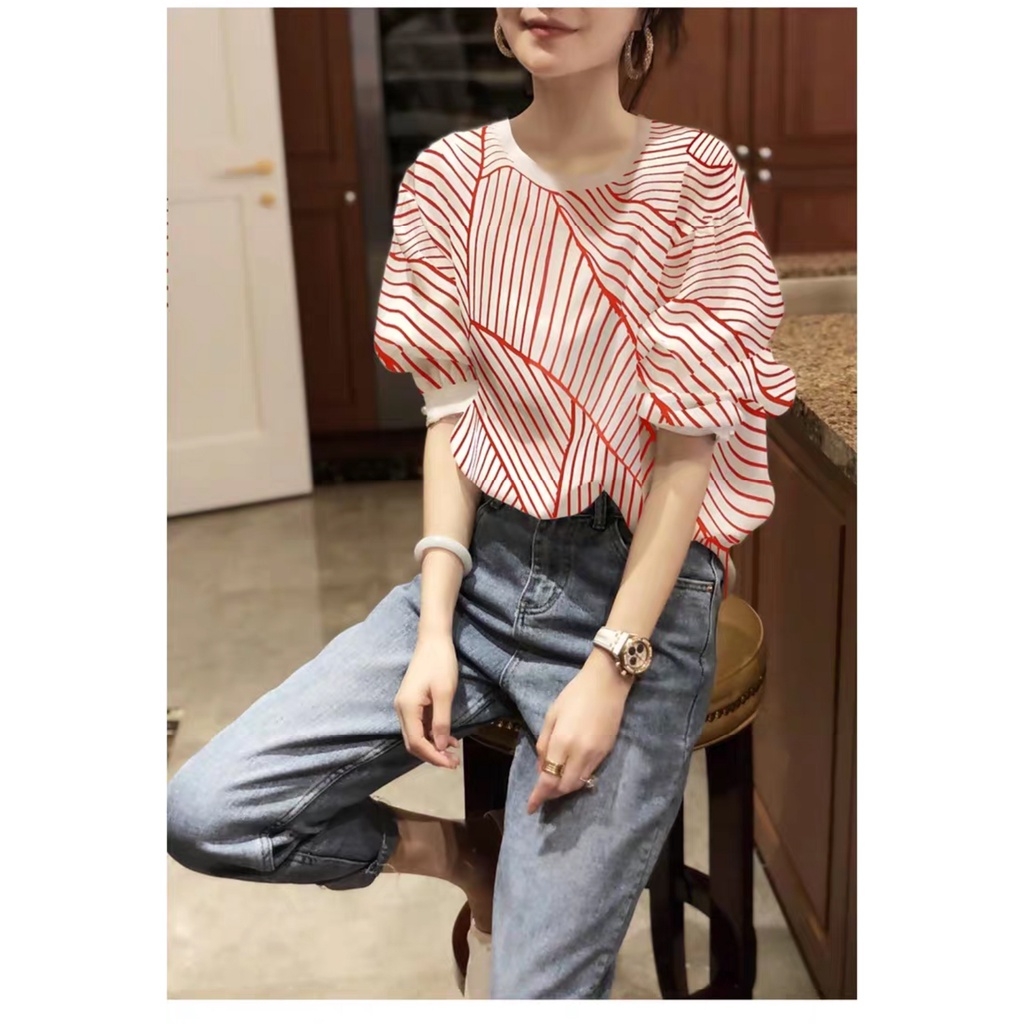 Áo Sơ Mi Mỏng Tay Ngắn Phồng Dáng Rộng Họa Tiết Kẻ Sọc Màu Đỏ Thời Trang Mùa Hè Hàng Mới Dành Cho Bạn Nữ