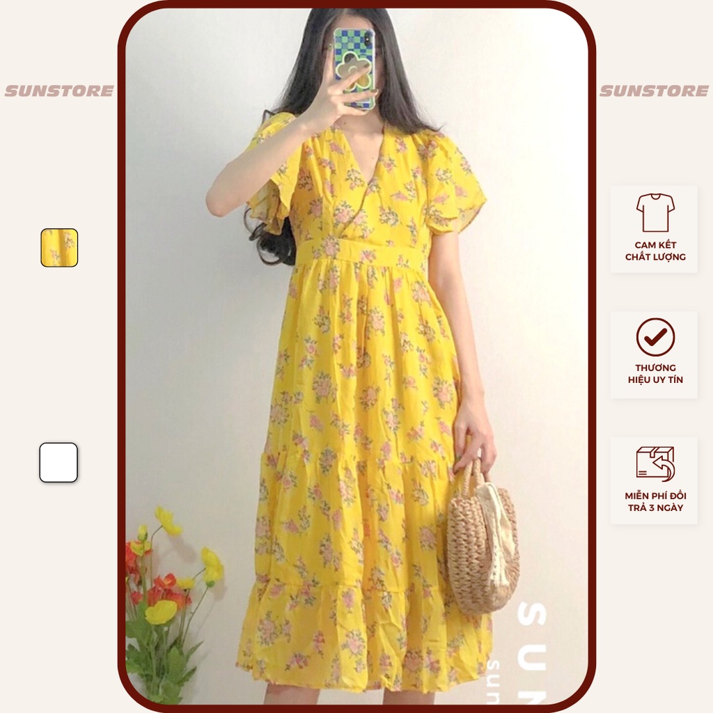 Đầm hoa nhí dáng dài midi váy xoè vintage tay ngắn bo chun eo 2 màu vàng trắng