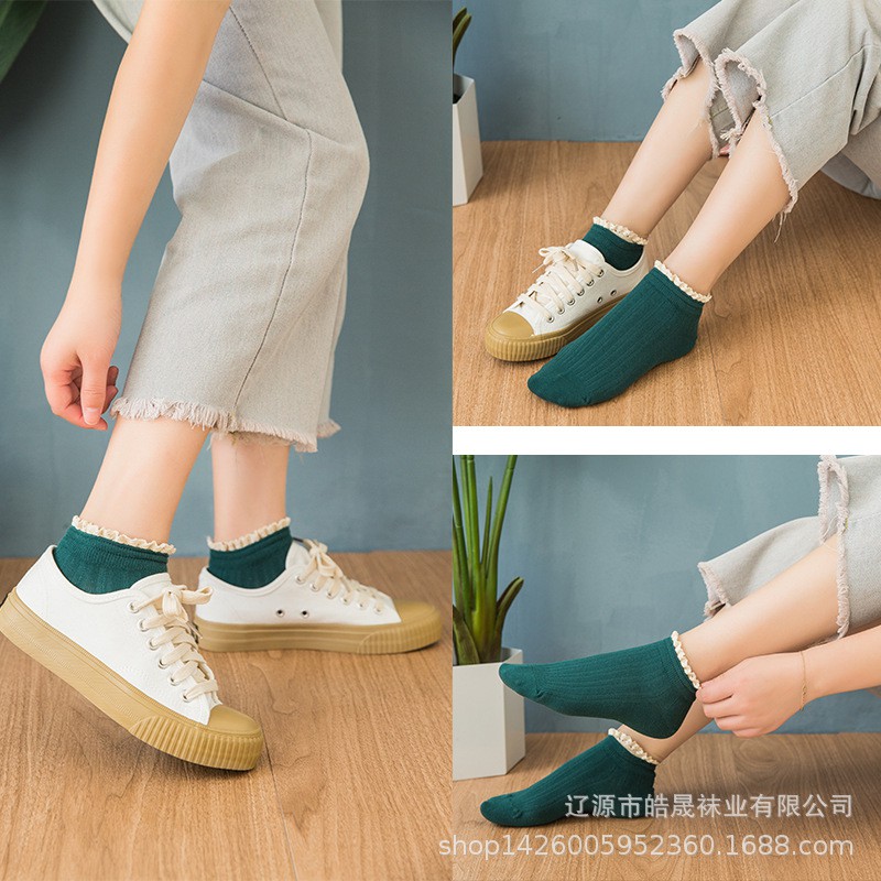 Tất nữ Cổ thấp Viền ren Dễ thương Lolita Màu trơn Cổ thuyền Nhật Bản Vớ cổ thấp nữ Cổ thuyền Cute